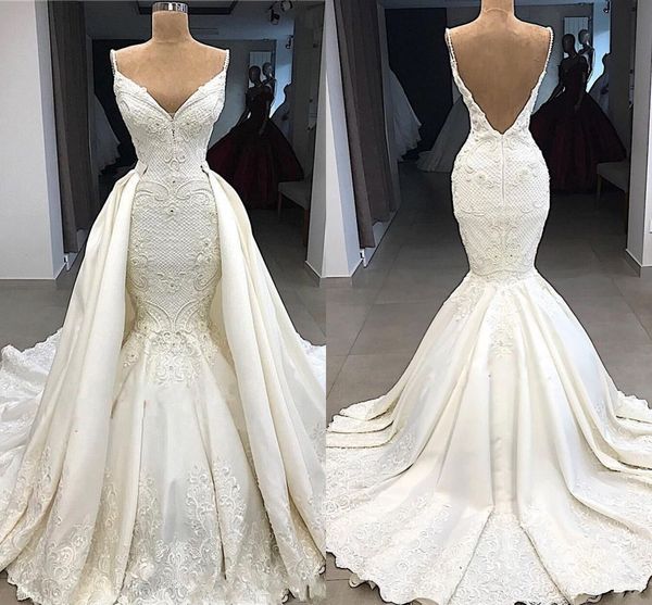 spaghetti lace appliqued mermaid wedding dress with detachable train vintage backless deep v neck plus size bridal gown, White
spaghetti lace appliqued mermaid wedding dress with detachable train vintage backless deep v neck plus size bridal gown, White