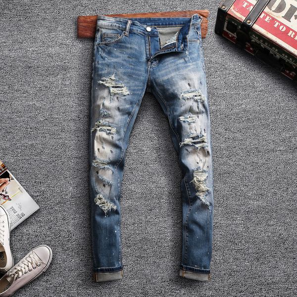 high street fashion men jeans retro blue destroyed paint designer ripped jeans men biker pants slim fit hip hop homme
high street fashion men jeans retro blue destroyed paint designer ripped jeans men biker pants slim fit hip hop homme