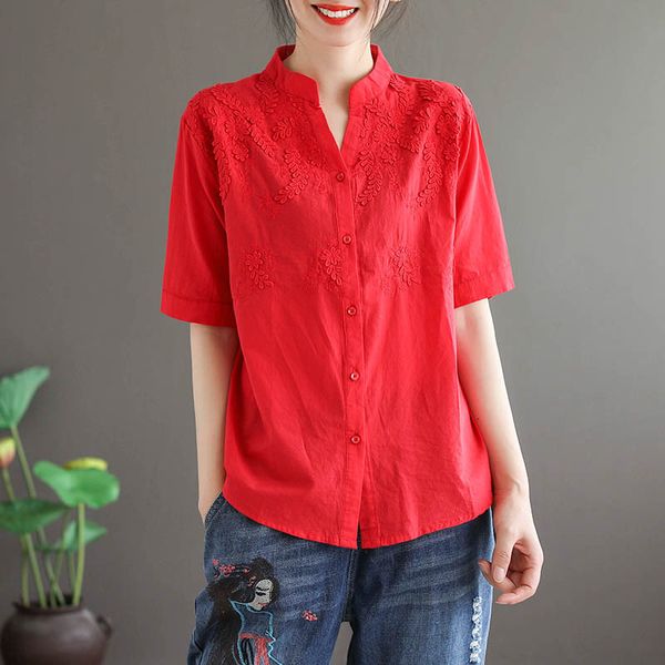 women's blouses & shirts summer three-dimensional flower embroidered cotton shirt short-sleeved loose slimming, White
women's blouses & shirts summer three-dimensional flower embroidered cotton shirt short-sleeved loose slimming, White