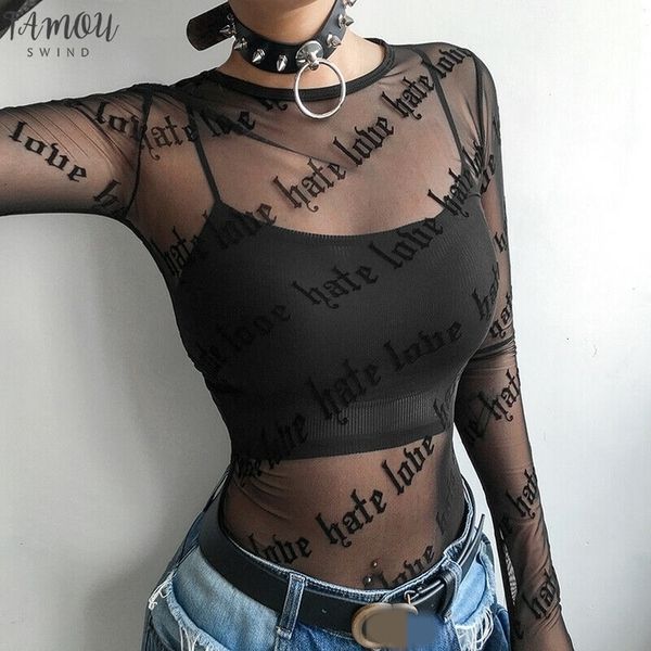 women gothic punk women mesh lace t shirts see through perspective letter print long sleeve stretch, White
women gothic punk women mesh lace t shirts see through perspective letter print long sleeve stretch, White