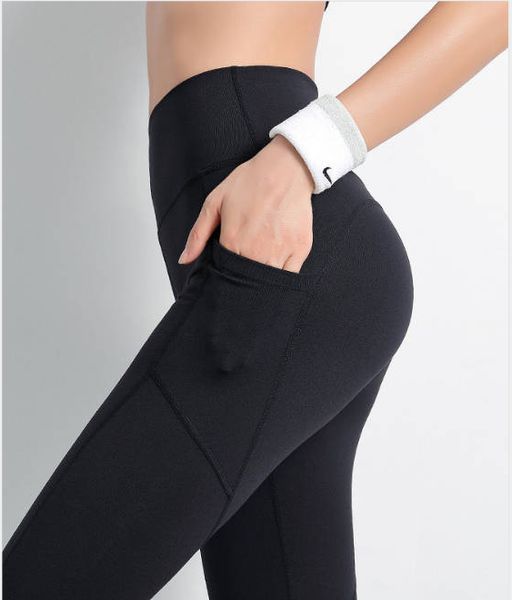 2020 fashion womens designer pants stretch tight yoga quick drying no trace lift hip pants side pocket pants skinny slim legging, Black;white