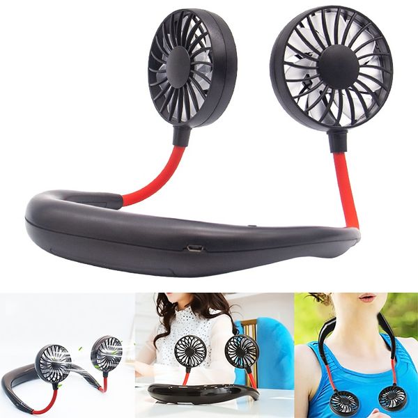 portable usb rechargeable neckband lazy neck hanging dual cooling mini fan sport 360 degree rotating hanging neck fan