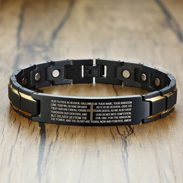black english lord's prayer magnetic bracelet for men stainless steel two tone id bracelets christian male jewelry 8.6 inch, Golden;silver
black english lord's prayer magnetic bracelet for men stainless steel two tone id bracelets christian male jewelry 8.6 inch, Golden;silver