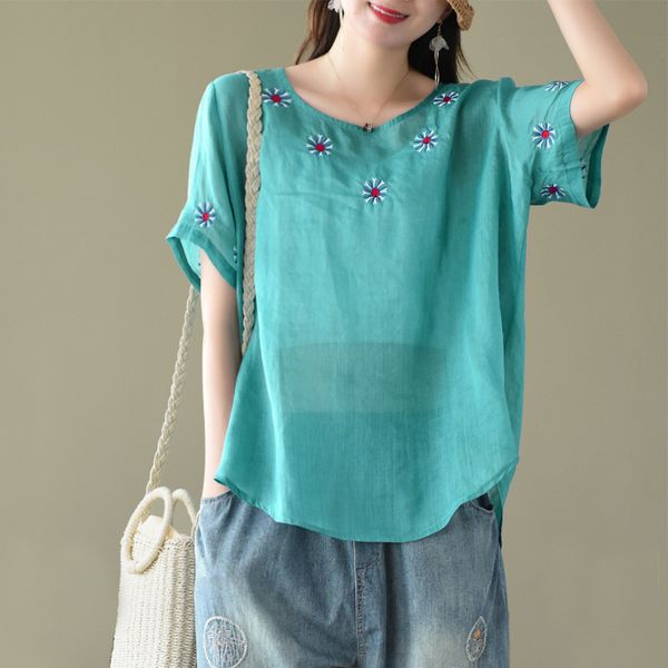 2020 summer new casual art literary embroidered linen ladies solid color round neck short sleeve loose printed t-shirt, White
2020 summer new casual art literary embroidered linen ladies solid color round neck short sleeve loose printed t-shirt, White