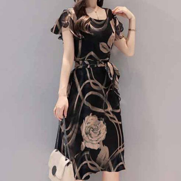 women dress floral printed a-line slim fit u neck dress for summer aic88, Black;gray