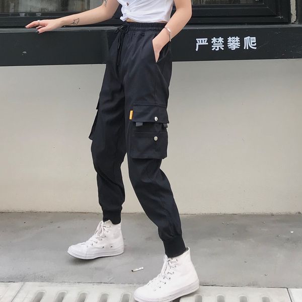 women high waist loose big pockets cargo pants streetwear baggy tactical trouser hip hop joggers pants, Black;white
women high waist loose big pockets cargo pants streetwear baggy tactical trouser hip hop joggers pants, Black;white