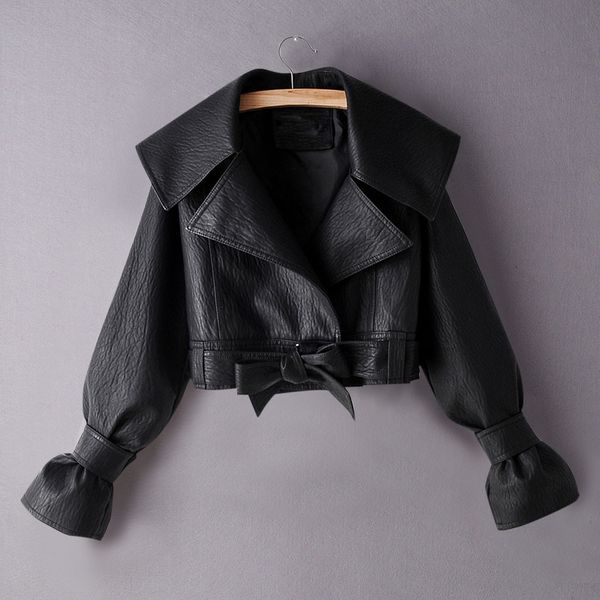 autumn women's faux leather jacket cropped coat outwear long sleeve bow tie motorcycle oversized leather jacket women coat 2019, Black
autumn women's faux leather jacket cropped coat outwear long sleeve bow tie motorcycle oversized leather jacket women coat 2019, Black