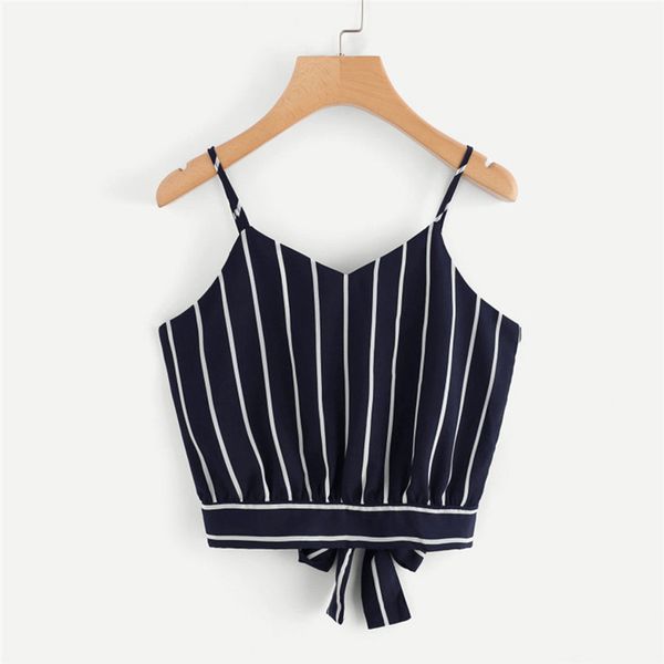 women's tank self tie back v neck striped cami vest ladies summer, White
