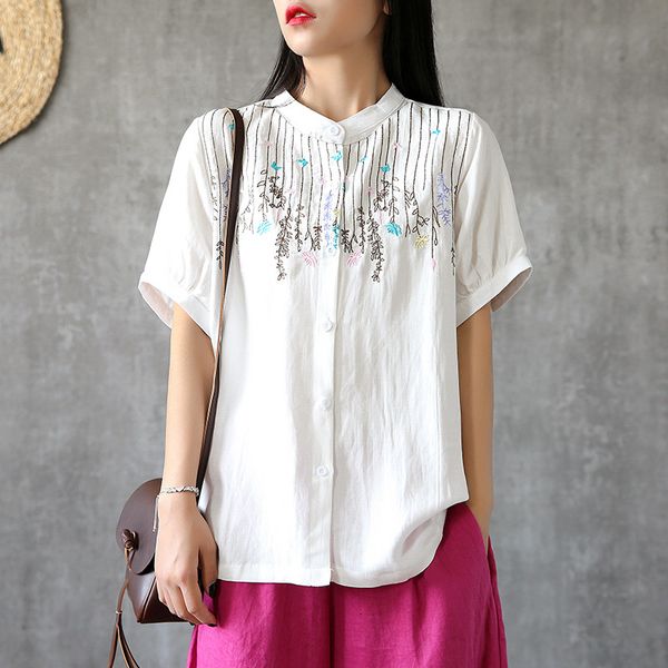 retro butterfly embroidery loose linen short-sleeved shirt summer casual wild was thin cotton and linen top, White
retro butterfly embroidery loose linen short-sleeved shirt summer casual wild was thin cotton and linen top, White