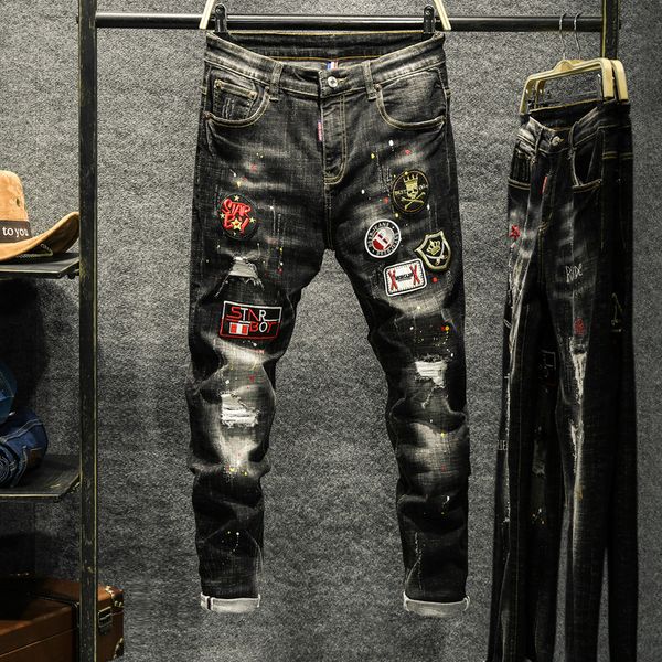 mens designer stretch jeans slim hole patch japanese and korean casual trousers, Blue
mens designer stretch jeans slim hole patch japanese and korean casual trousers, Blue