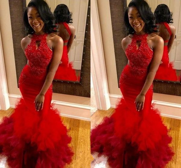 2020 new style red mermaid prom dresses lace applique beaded sweep train ruffles tiered tulle party gowns formal evening dresses, Black
2020 new style red mermaid prom dresses lace applique beaded sweep train ruffles tiered tulle party gowns formal evening dresses, Black