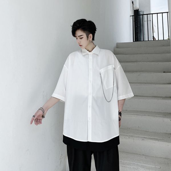 men's casual shirts male japan korea style streetwear hip hop shirt men metal chain pendant black white splice hem short sleeve loose, White;black
men's casual shirts male japan korea style streetwear hip hop shirt men metal chain pendant black white splice hem short sleeve loose, White;black