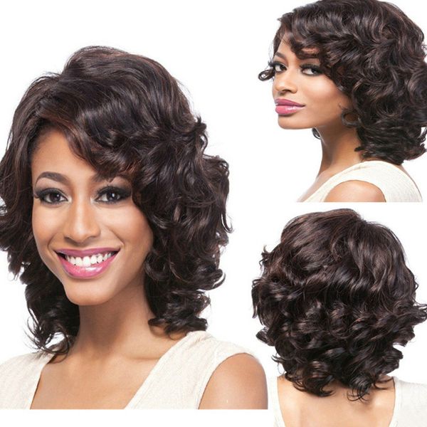 

fashion wig women's short curly hair side part bang brown-black with rose intranet 32 cm long