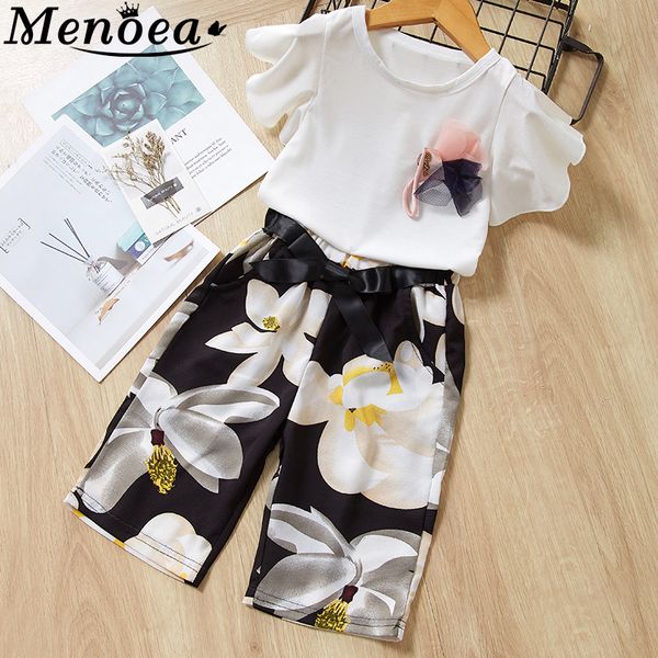 

menoea girls clothing 2020 new style children clothes suits cute flower clothes long pants suits for 3-7y kids clothing sets t200526, White
