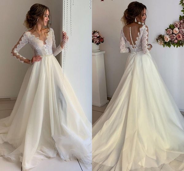 simple long sleeves wedding dresses with sheer neckline appliques pearls back buttons plus size wedding dress long bridal vestidos, White
simple long sleeves wedding dresses with sheer neckline appliques pearls back buttons plus size wedding dress long bridal vestidos, White