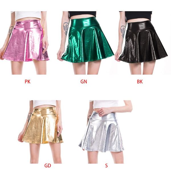 women high waist metallic wet liquid faux leather look pleated flared skater mini skirt solid color glitter a-line clubwear, Black
women high waist metallic wet liquid faux leather look pleated flared skater mini skirt solid color glitter a-line clubwear, Black