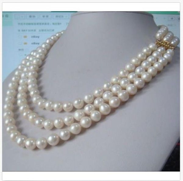 

3 row strands natural 9-10mm akoya white pearl necklace 18"19"20" 14k gold clasp, Silver