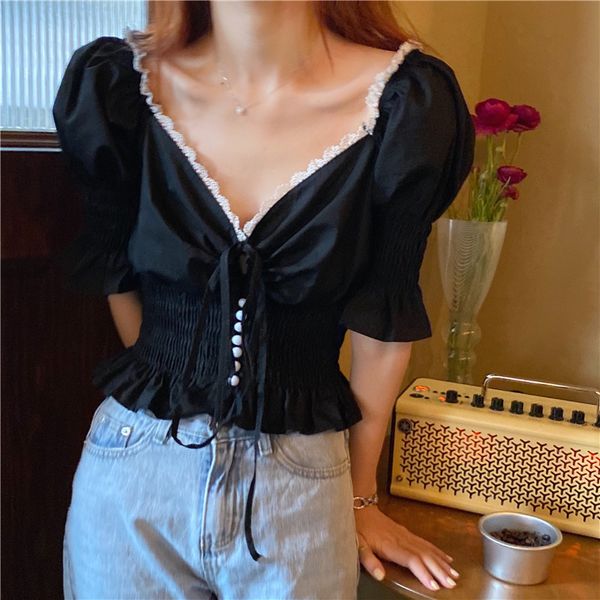 summer women blouse deep v-neck tunic drawstring ruffle trim black white ladies femme casual blusas mujer de moda 2020
summer women blouse deep v-neck tunic drawstring ruffle trim black white ladies femme casual blusas mujer de moda 2020