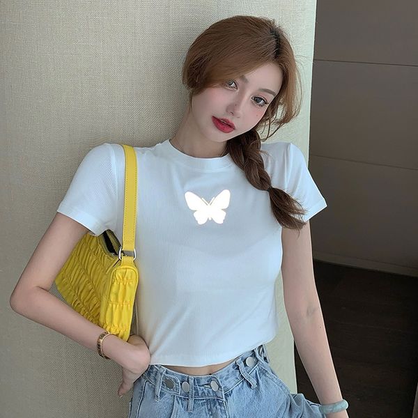 short-sleeved t-shirt t-shirt women's ins super fire short high-waisted navel-exposed reflective slim tanned women's summer, White
short-sleeved t-shirt t-shirt women's ins super fire short high-waisted navel-exposed reflective slim tanned women's summer, White