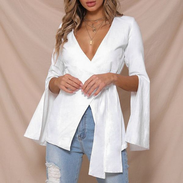 women v neck solid blouse trumpet sleeve shirt cotton office ladies blouse split bow wrap shirt, White
women v neck solid blouse trumpet sleeve shirt cotton office ladies blouse split bow wrap shirt, White