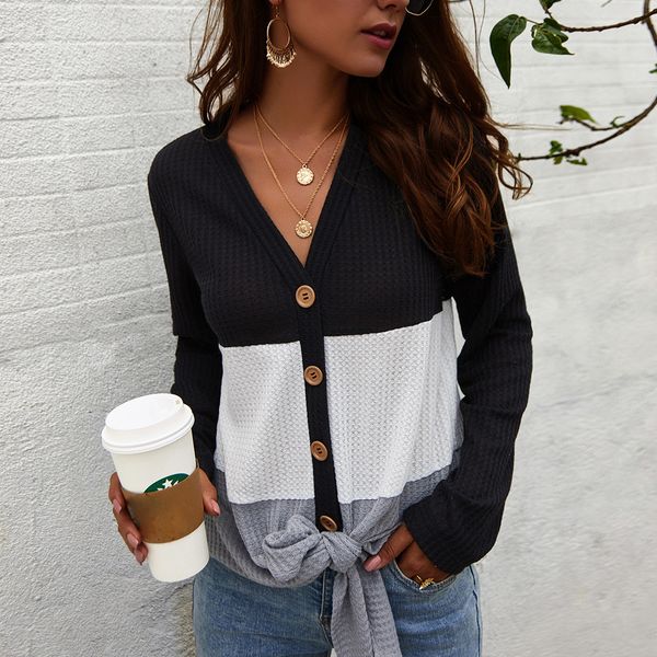 2019 women women fashion casual patchwork knot long sleeve v-neck button shirts blouse, White
2019 women women fashion casual patchwork knot long sleeve v-neck button shirts blouse, White