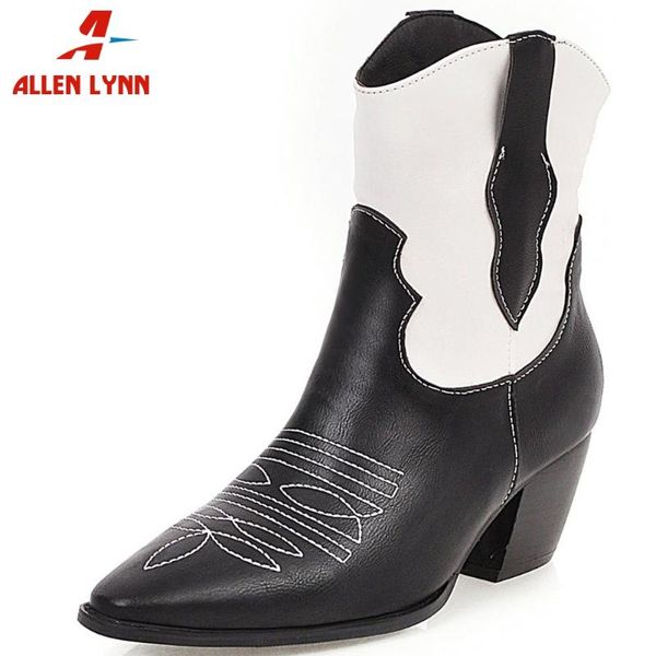 

allen ladies high chunky heels shoes woman slip-on pointed toe ankle western boots women brand new design sewing boots, Black