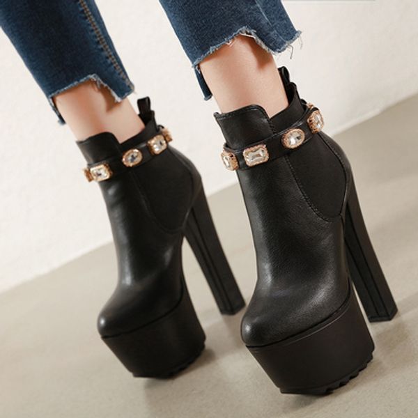 new diamond buckle 16cm high heel round toe ankle boots, Black