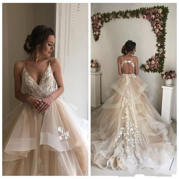 2019 new wedding dresses a line v neck spaghetti tulle lace appliques backless sweep train summer beach plus size formal bridal gowns, White
2019 new wedding dresses a line v neck spaghetti tulle lace appliques backless sweep train summer beach plus size formal bridal gowns, White