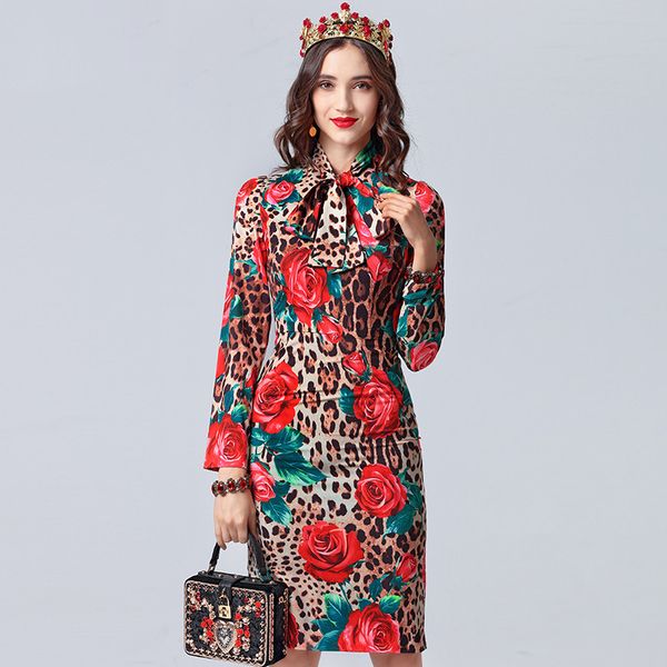 fashion designer dress women's long sleeve bow collar leopard printed rose floral elegant dress vestidos, Black;gray
fashion designer dress women's long sleeve bow collar leopard printed rose floral elegant dress vestidos, Black;gray
