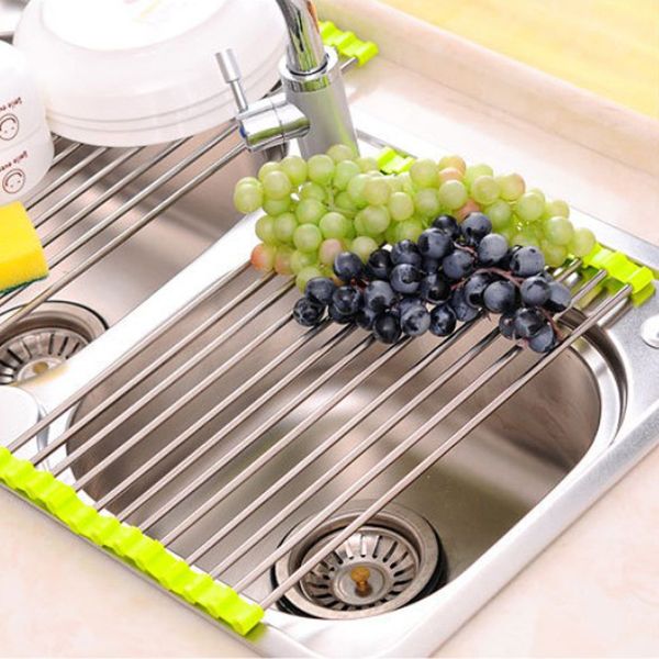 over the sink multipurpose roll-up dish drying rack made by food safe grade silicone and stainless steel
over the sink multipurpose roll-up dish drying rack made by food safe grade silicone and stainless steel