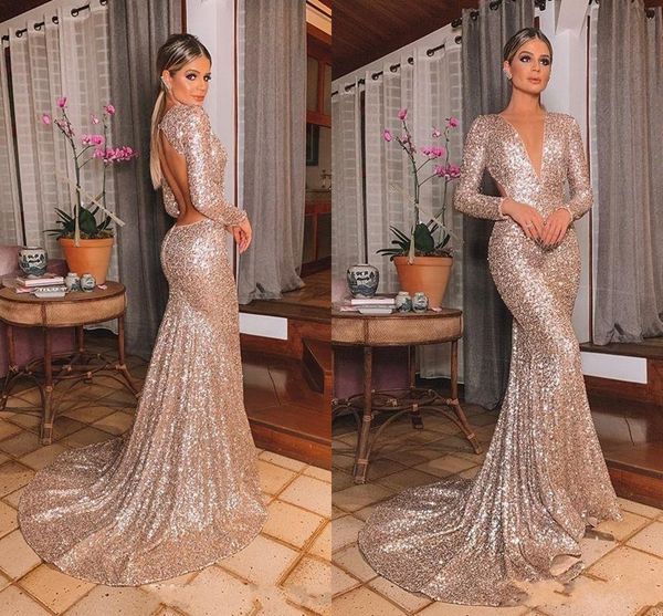 new sparkly rose gold sequins mermaid evening dresses deep v neck long sleeves sweep train backless sequined prom dresses party gowns, Black;red
new sparkly rose gold sequins mermaid evening dresses deep v neck long sleeves sweep train backless sequined prom dresses party gowns, Black;red