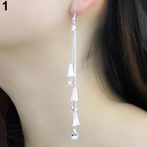 

women rhinestone bell cross pendant wedding party long tassels linear earrings, Silver