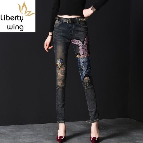 high street womens sequins patch diamonds ripped jeans trousers full length fashion slim fit sashes female denim pencil pants, Blue
high street womens sequins patch diamonds ripped jeans trousers full length fashion slim fit sashes female denim pencil pants, Blue