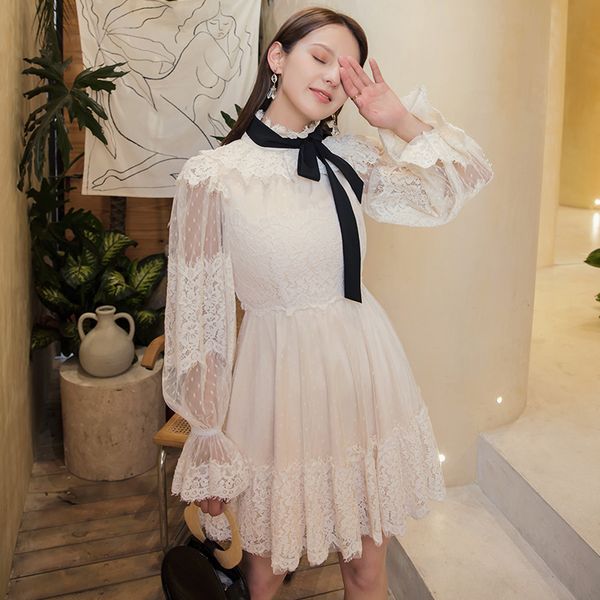 dotted lace dress sweet short skirt perspective flared sleeve new fairy skirt lantern sleeve bow tie stand collar evening dress, White;black
dotted lace dress sweet short skirt perspective flared sleeve new fairy skirt lantern sleeve bow tie stand collar evening dress, White;black