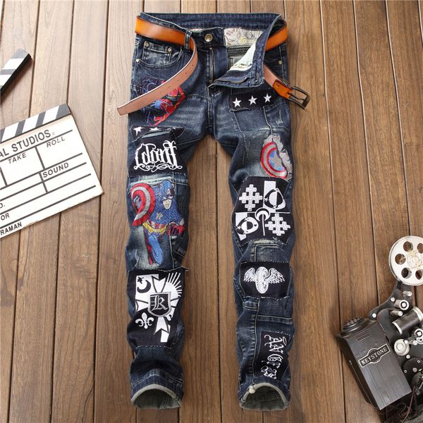 punk style embroidery character letter patches ripped biker jeans homme men's fashion motorcycle slim fit dark blue denim pants
punk style embroidery character letter patches ripped biker jeans homme men's fashion motorcycle slim fit dark blue denim pants