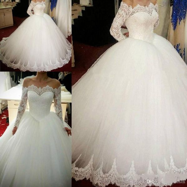 2018 luxury lace applique tulle off-shoulder wedding dress ball gown beaded bateau long sleeve vintage bridal gowns ing, White
2018 luxury lace applique tulle off-shoulder wedding dress ball gown beaded bateau long sleeve vintage bridal gowns ing, White