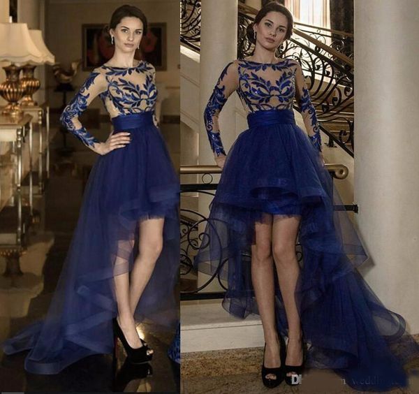 2020 navy blue high low prom dresses jewel neck long sleeve illusion with lace appliques tulle and oragzna evening party gowns, Black
2020 navy blue high low prom dresses jewel neck long sleeve illusion with lace appliques tulle and oragzna evening party gowns, Black