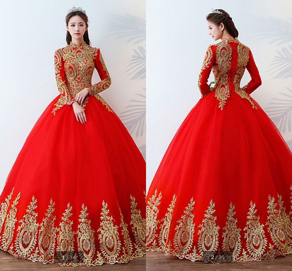 long sleeve red wedding dresses gold floral lace high neck lace-up tulle a-line wedding reception bridal gowns robes de mariée floor length, White
long sleeve red wedding dresses gold floral lace high neck lace-up tulle a-line wedding reception bridal gowns robes de mariée floor length, White