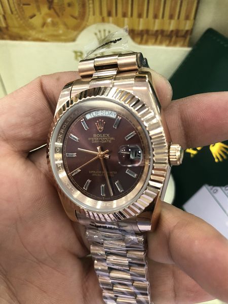 with original box 41mm stainless steel solid clasp automatic movement 2813 mechanical watch men day date president desinger mens watches, Slivery;brown
with original box 41mm stainless steel solid clasp automatic movement 2813 mechanical watch men day date president desinger mens watches, Slivery;brown