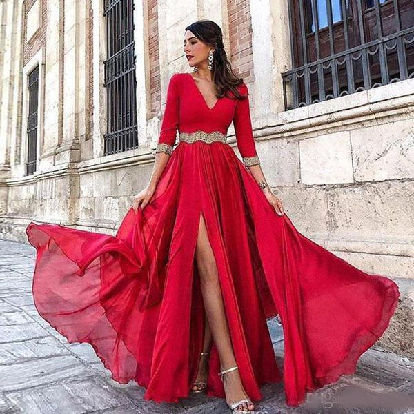 vintage a line side split prom dresses v neck three quarter sleeve chiffon skirt evening gown floor length plus size formal dress, Black
vintage a line side split prom dresses v neck three quarter sleeve chiffon skirt evening gown floor length plus size formal dress, Black