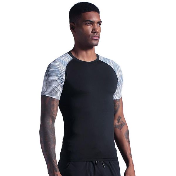 compression quick dry shirt men running sport slim short t shirt male gym fitness bodybuilding workout black clothes, Black;blue