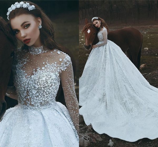 luxury lace appliqued sequined beaded long sleeves wedding dresses vintage high neck ball gown saudii dubai arabic bridal gown cph018, White
luxury lace appliqued sequined beaded long sleeves wedding dresses vintage high neck ball gown saudii dubai arabic bridal gown cph018, White