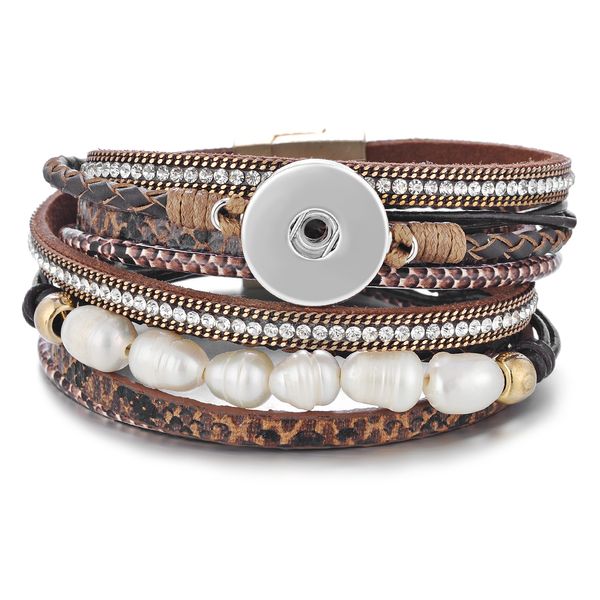 

leather bracelet vocheng ginger snap jewelry multilayer long with pearl crystal magnet clasp fit 18mm button 3 colors nn-602, Golden;silver