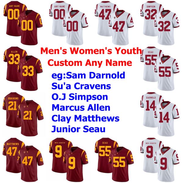 Custom Usc trojans Jerseys Womens Junior Seau Jersey Reggie Bush Matt Barkley Adoree' Jackson Kedon Slovis College Football Jerseys Sti