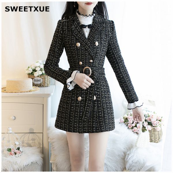 sweetxue fashion tweed suit autumn new women lapel double-breasted long belt jacket + a-line skirt slim check 2-piece set female, White
sweetxue fashion tweed suit autumn new women lapel double-breasted long belt jacket + a-line skirt slim check 2-piece set female, White