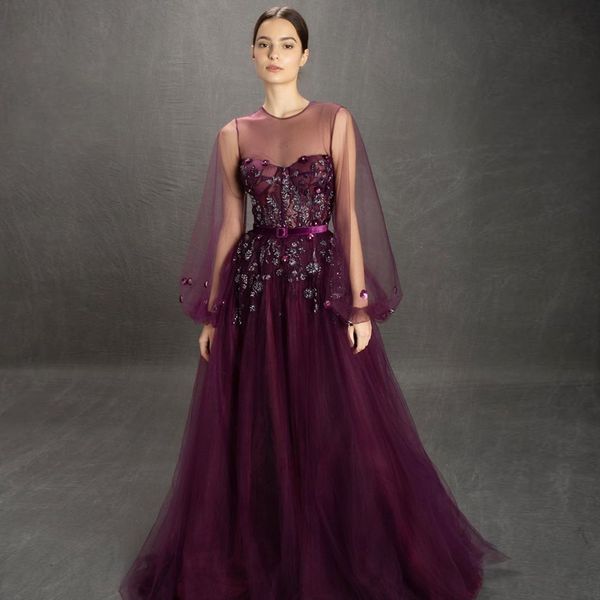 modest grape sequined evening dresses sheer jewel neck long sleeves beaded prom gowns appliqued sweep train plus size tulle formal dress, Black;red
modest grape sequined evening dresses sheer jewel neck long sleeves beaded prom gowns appliqued sweep train plus size tulle formal dress, Black;red
