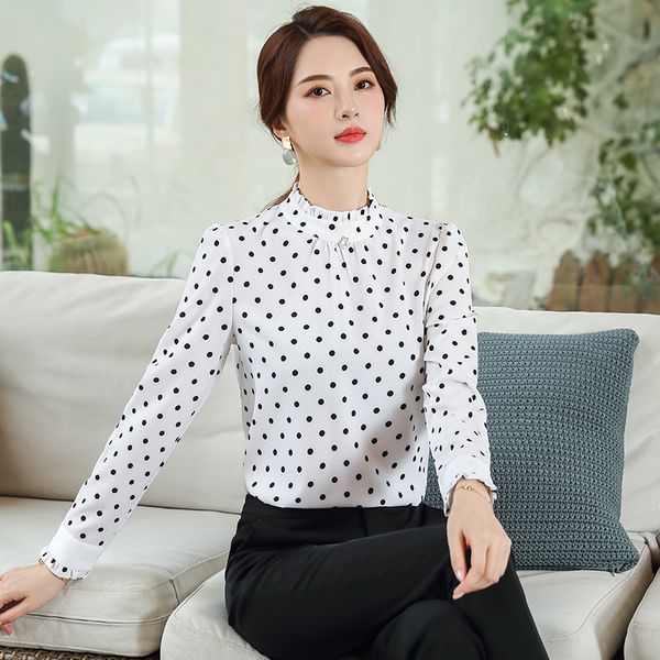2019 autumn and winter korean-style polka dot chiffon long-sleeved shirt-style stand collar flounced women's shirt set work clot, White
2019 autumn and winter korean-style polka dot chiffon long-sleeved shirt-style stand collar flounced women's shirt set work clot, White