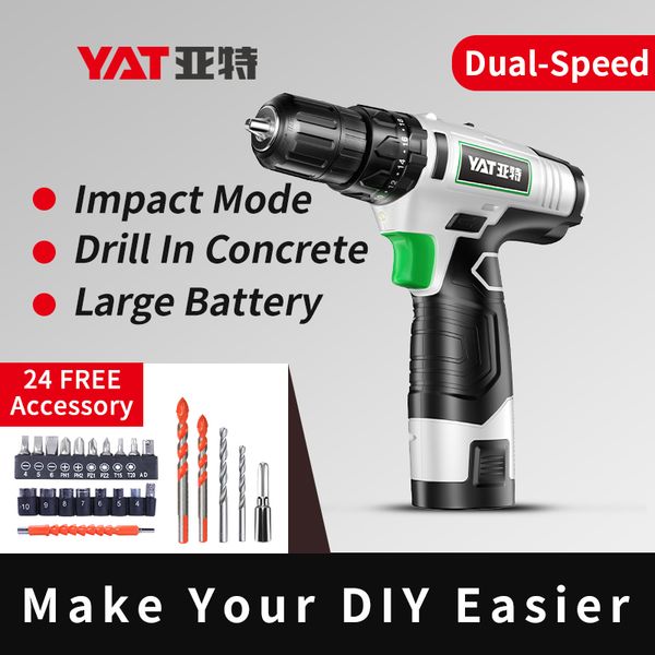 yat 12v household battery screwdriver cordless drill 2 speed electric screwdriver electric drill impact power driver 
yat 12v household battery screwdriver cordless drill 2 speed electric screwdriver electric drill impact power driver