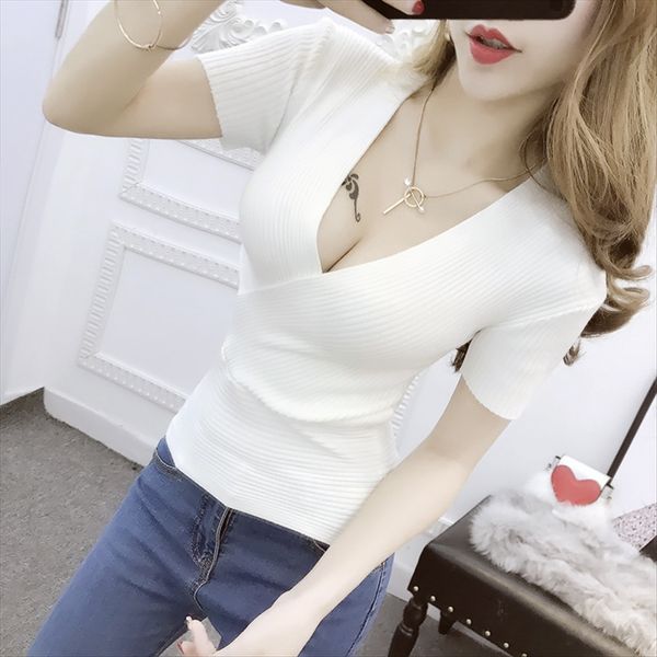 female cross v-neck slim elastic low shirt chest tight slim base knitted shirt short sleeve top, White
female cross v-neck slim elastic low shirt chest tight slim base knitted shirt short sleeve top, White