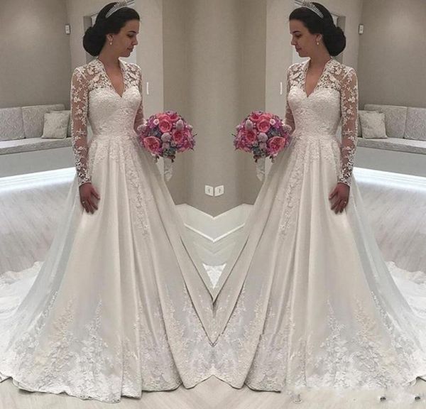 Modest Simple A Line Cheap Wedding Dresses Lace Satin Appliques Beaded Crystal V-Neck Sweep Train Long Sleeve Wedding Bridal Gowns
Modest Simple A Line Cheap Wedding Dresses Lace Satin Appliques Beaded Crystal V-Neck Sweep Train Long Sleeve Wedding Bridal Gowns